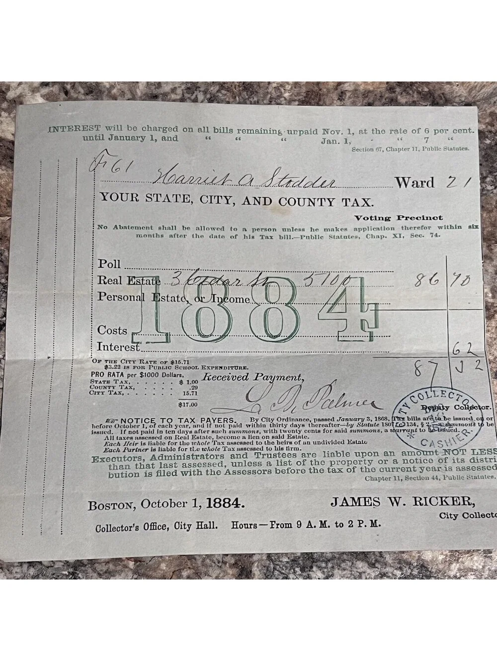 1884 ANTIQUE EPHEMERA PAPER POLL TAX BILL CITY OF BOSTON MA WARD 21